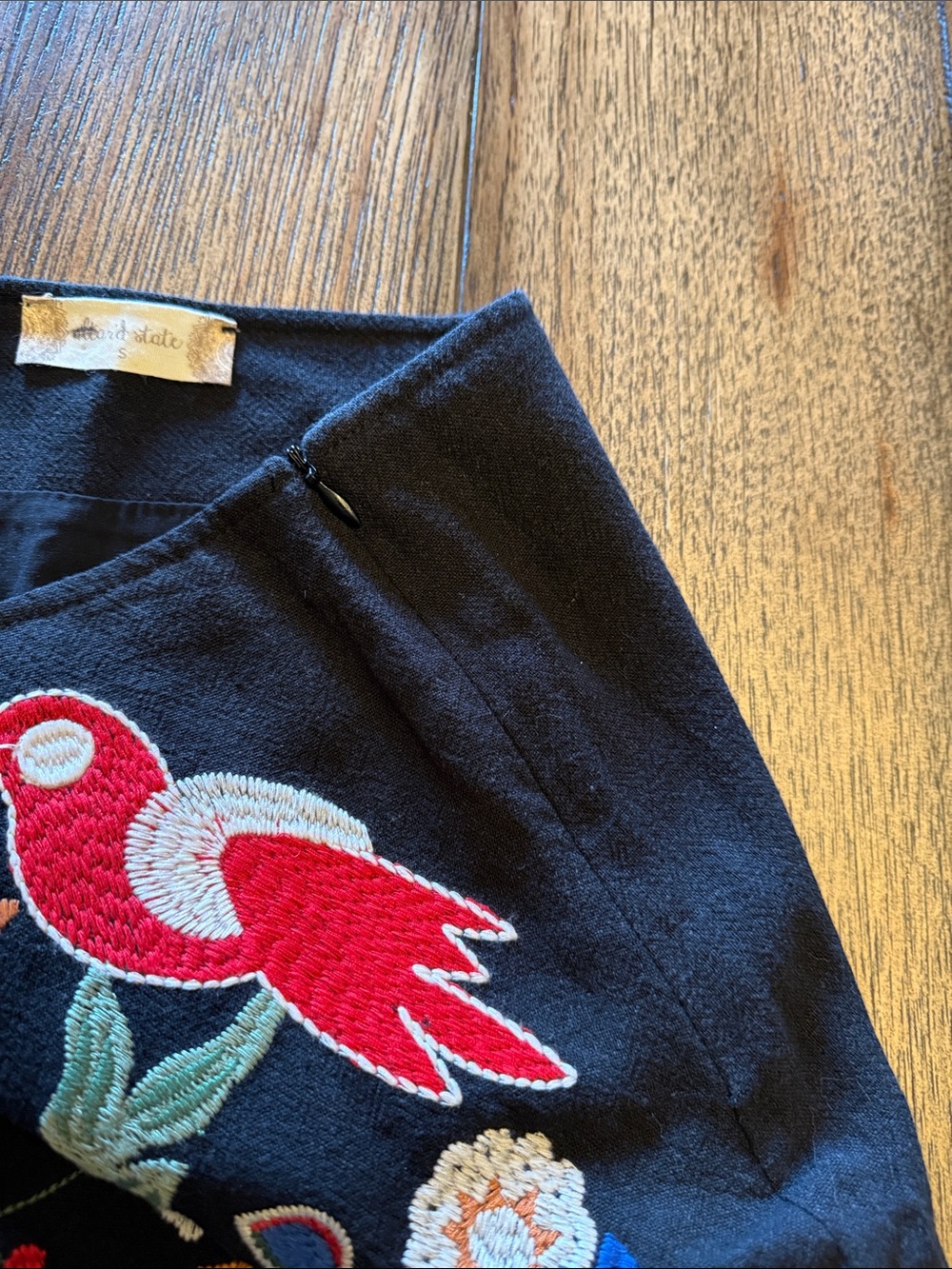 Altar'd State Black Boho Mini Skirt with Birds & Multicolor Floral Embroidery - Picture 7 of 9